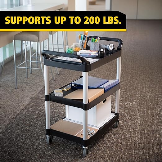 Rubbermaid Commercial Products Heavy Duty 3-Shelf Rolling Service/Utility/Push Cart, 200 lbs. Capacity, Black, for Foodservice/Restaurant/Cleaning/Warehouse/Garage