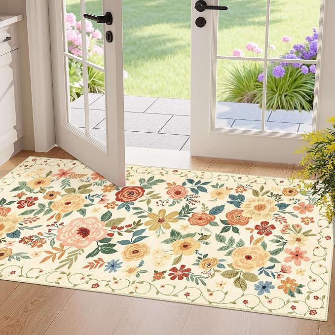 DUKINO 2x4 Rug for Entryway, Washable Kitchen Floral Runner Rug with Non Slip Backing, Low Pile Soft Boho Carpet for Kitchen, Hallway, Entryway, Laundry, Bedroom, Beige Yellow