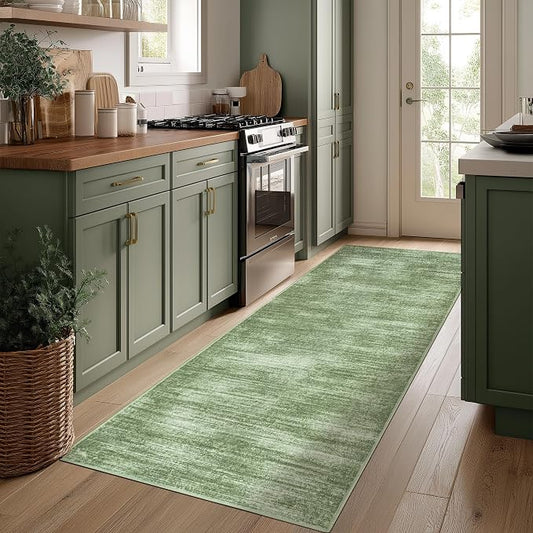 BILEEHOME 2x6 Runner Rug for Hallways Non Slip Washable Neutral Abstract Modern Olive Green Area Rug for Kitchen Laundry Room Dark Green Floor Covering Carpet 2 x 6