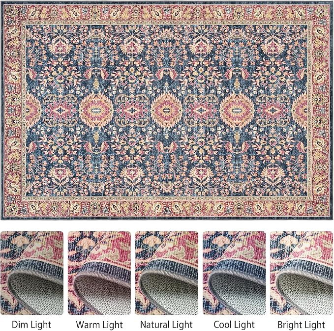 Goideal Washable Rug 6x9, Vintage Area Rugs Non Slip, Indoor Low Pile Carpet with Rubber Backing for Living Room Kitchen Bathroom Entryway Office Bedroom,Deep Navy & Terracotta