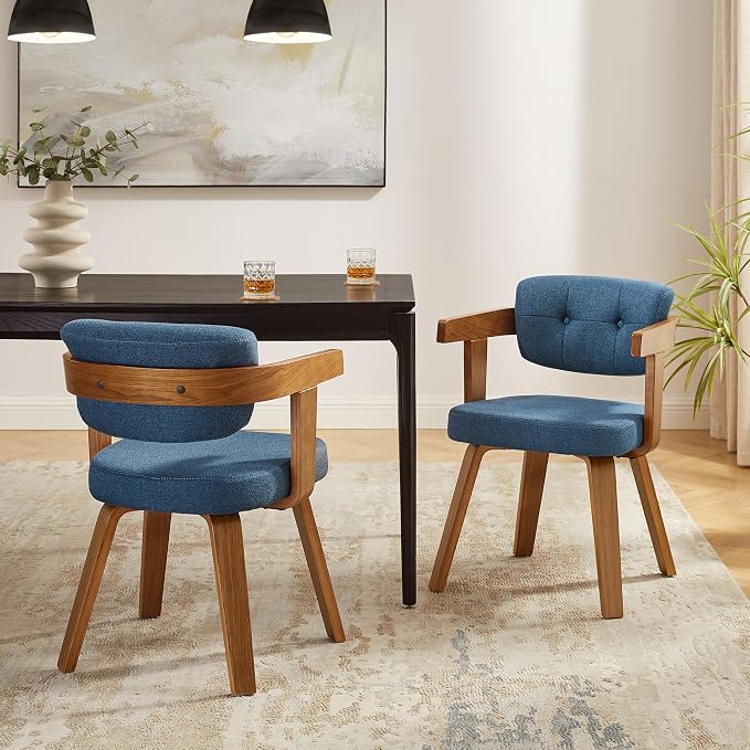 Art Leon Mid Century Modern Dining Chairs - Set of 2 Comfy Fabric Upholstered Swivel Dining Chairs Home Office Chair No Wheels Accent Arm Chair with Wood Legs for Kitchen Living Room Bedroom, Blue