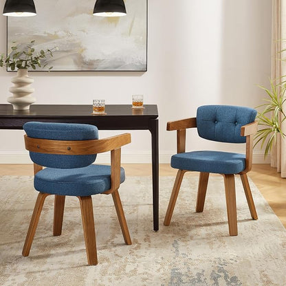 Art Leon Mid Century Modern Dining Chairs - Set of 2 Comfy Fabric Upholstered Swivel Dining Chairs Home Office Chair No Wheels Accent Arm Chair with Wood Legs for Kitchen Living Room Bedroom, Blue