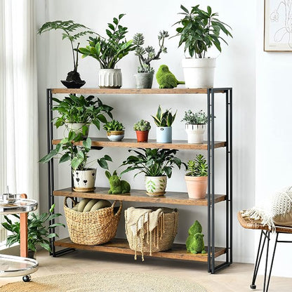HCHQHS Bookshelf,4-Tier Industrial Bookcase,Rustic Wood and Metal Open Display Book Shelves Home Office,Bedroom Standing Shelf Unit,Horizontal Kitchen Shelf Organizer,Bathroom Storage Rack 47in