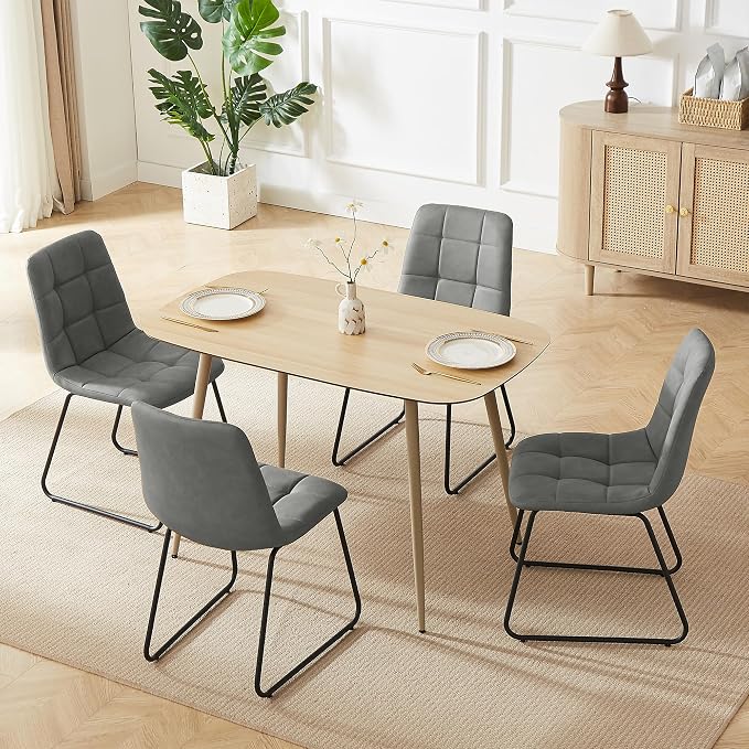 HIPIHOM 47.2'' Modern Dining Table Set for 4 - Wood Table with Cat Scratch Resistant Surface & 4 Gray Leather U-Shaped Chairs, Kitchen & Dining Room Furniture, Ideal for Small Spaces