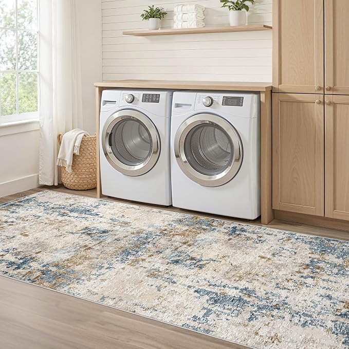 Runner Rug Kitchen Washable Rugs: 3x8 Non-Slip Abstract Soft Modern Stain Resistant Indoor Floor Neutral Accent Throw Carpet for Hallway Bathroom Laundry Room Entryway Bedroom- Blue Tan
