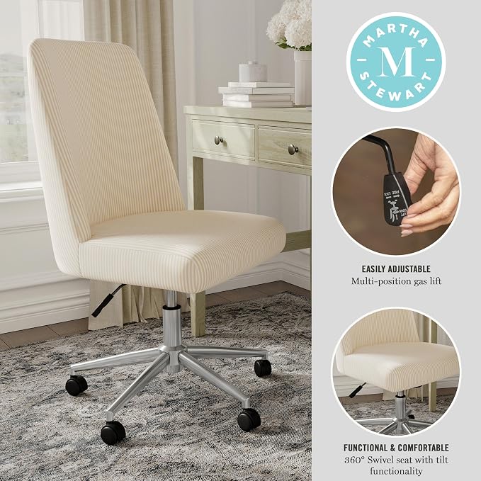 Martha Stewart Maeve Swivel Task Chair with Height Adjustable Seat for Home Office in Beige Stripe Fabric with Polished Nickel Frame