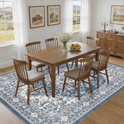 UERMEI 9x12 Area Rug for Living Room - Washable Vintage Carpet, Non-Slip Soft Large Indoor Floor Rugs for Bedroom Home Office & Under Dining Table Decor, Denim Blue/White