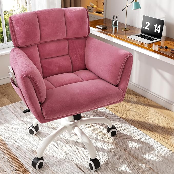 DurayLoly Home Office Chair with Wheels Soft-Touch Material,Modern Cute Vanity Chair with Back Adjustable Height Upholstered Comfy Desk Chairs with Side Pockets for Bedroom,Pink