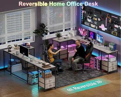 YOSHOOT 67" U Shaped Computer Desk, Reversible L Shaped Gaming Desk | Corner Desk with Power Outlets, 4 Drawers, 2 Storage Shelf, Computer Table with 4 Installation Methods, Grey