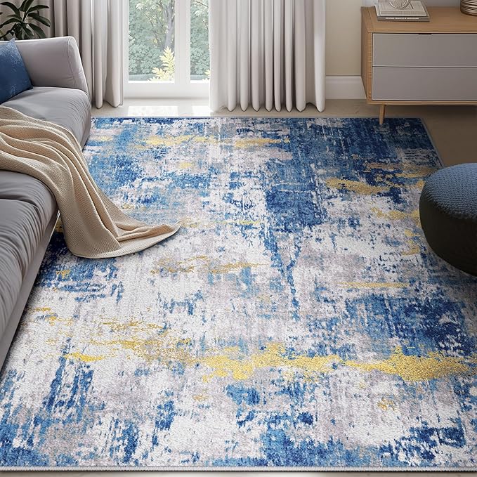 RELEANY Washable Area Rugs 6'x9' Non-Slip Modern Abstract Soft for Living Room Entryway Bedroom Kitchen, Print Pattern, Grey Blue Gold/Golden