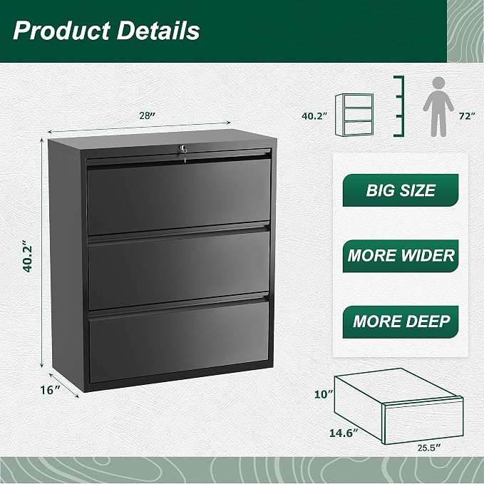 Superday Filing Cabinet Lateral File Cabinet 3 Drawer, Black File Cabinets with Lock, Locking Metal Office Filing Cabinets for Home Office/Legal/Letter/A4/F4