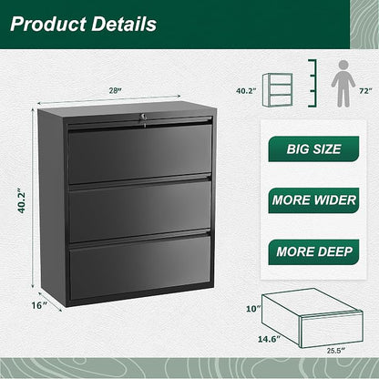Superday Filing Cabinet Lateral File Cabinet 3 Drawer, Black File Cabinets with Lock, Locking Metal Office Filing Cabinets for Home Office/Legal/Letter/A4/F4