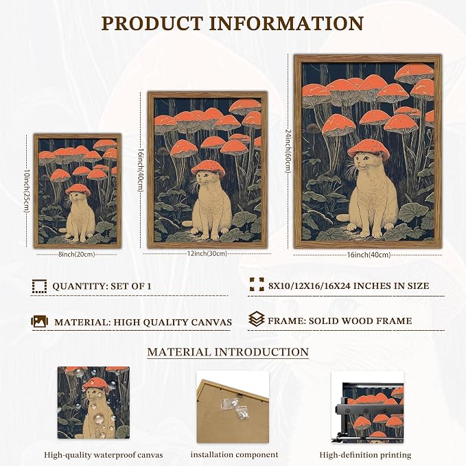 Framed Vintage Cat Wall Art, Whimsical White Cat with Mushroom Hat in Forest Canvas Print, Fantasy Quirky Woodland Animal Painting, Funny Retro Wall Decor for Living Room Bedroom Study 8x10in