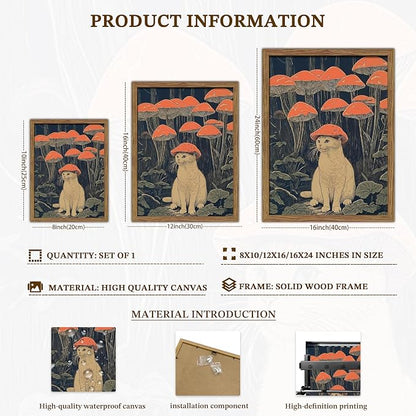 Framed Vintage Cat Wall Art, Whimsical White Cat with Mushroom Hat in Forest Canvas Print, Fantasy Quirky Woodland Animal Painting, Funny Retro Wall Decor for Living Room Bedroom Study 16x24in
