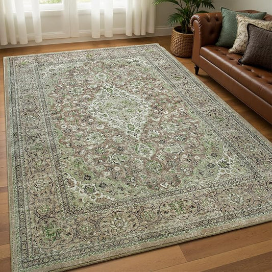 Goideal Washable Rug 4x6, Sage Green Area Rugs Non Slip, Indoor Low Pile Carpet with Rubber Backing for Living Room Kitchen Bathroom Entryway Office Bedroom