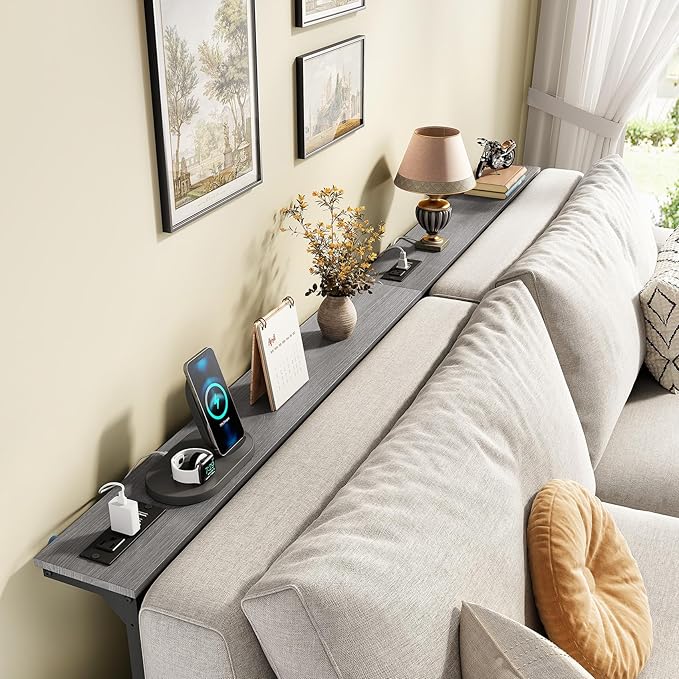 Kitstorack Narrow Sofa Table with Charging Station, 78.8" Behind Couch Table, Adjustable 24.4"-32.7" Height, Modular 2-piece Design for sectionals, entryways, Apartments, and Narrow Living Spaces