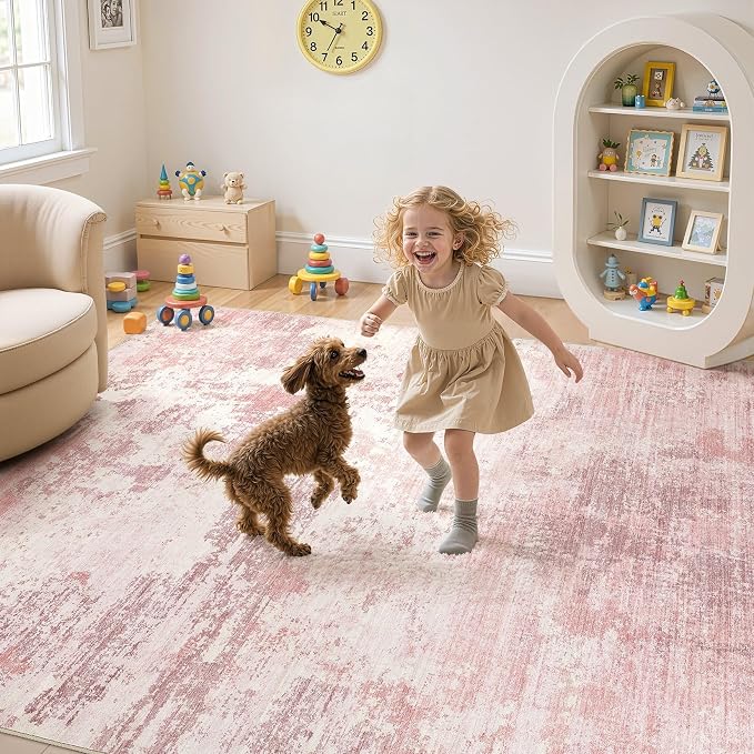UERMEI 6x9 Area Rug Living Room Rugs - Washable Neutral Modern Abstract Soft Thin Large Rug Indoor Floor No Slip Rug Carpet for Bedroom Under Dining Table Home Office Decor - Pink