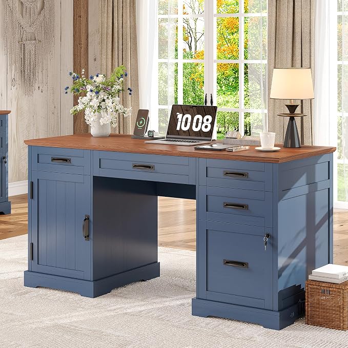 Whalefall 55'' Farmhouse Desk Home Office with Drawers, Blue | Executive Computer Desk with File Cabinet and Charging Station, Wooden Small Desk with Locking Drawers Storage