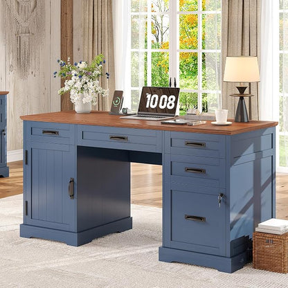 Whalefall 55'' Farmhouse Desk Home Office with Drawers, Blue | Executive Computer Desk with File Cabinet and Charging Station, Wooden Small Desk with Locking Drawers Storage