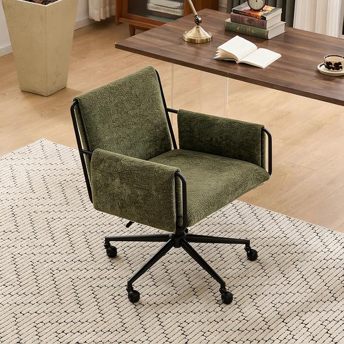 Rowill Modern Office Chair, Swivel Desk Chair, Green Boucle Fabric, Adjustable Height, 300 LBS Capacity, Wheels, Arm Rest, Perfect for Home Office, Bedroom, Makeup Room