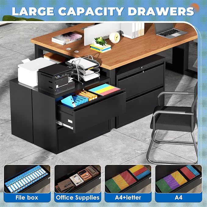 INTERGREAT File Cabinet 2 Drawers,Metal Lateral File Cabinets with Lock for Home Office, Locking Horizontal Filing Cabinet for Hanging Files Letter/Legal/F4/A4, Easy Assemble, Black