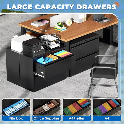INTERGREAT File Cabinet 2 Drawers,Metal Lateral File Cabinets with Lock for Home Office, Locking Horizontal Filing Cabinet for Hanging Files Letter/Legal/F4/A4, Easy Assemble, Black
