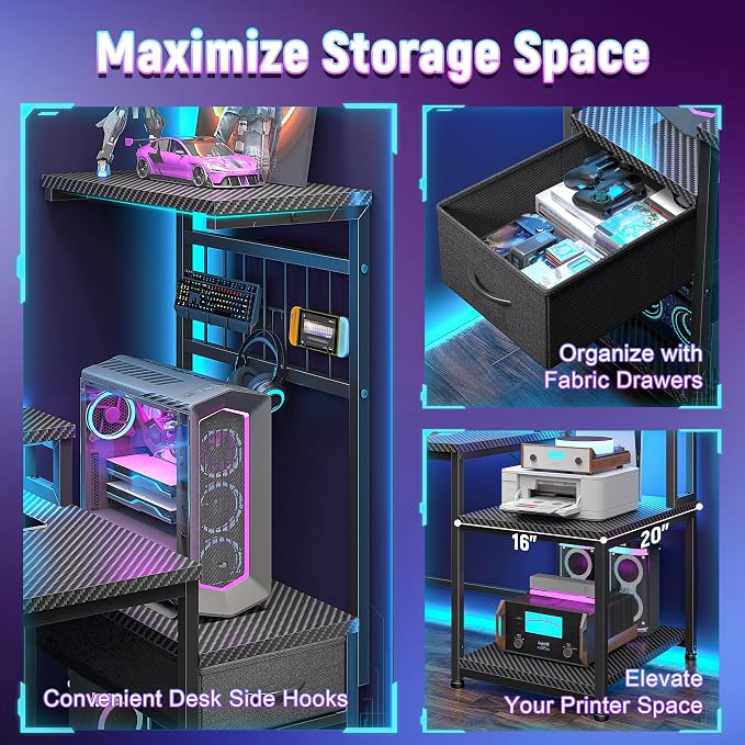 DurayLoly 55" Gaming Desk with LED Lights & Outlets,Computer Desk with Drawers & Monitor Stand,Gaming Table with 3 Storage Shelves, Hooks& Printer Space for Game&Study Room,Home Office,Bedroom,Black