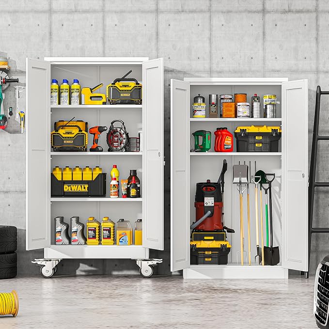 winiowa 61" Tall Metal Garage Storage Cabinet with Wheels, Steel Locking Rolling Tool Cabinet with 3 Adjustable Shelves for Garage,Home,Office (White)
