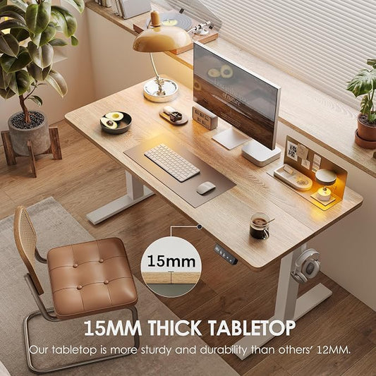 TIQLAB Standing Desk 63 x 24 inch, Electric Height Adjustable Desk with Splice Board, Sit Stand Desk Computer Table for Home Office, White Frame/Maple Top