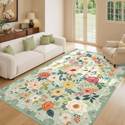 DUKINO 5x8 Area Rug for Living Room, Washable Lightweight Non Slip Floral Bedroom Rug with Non Shedding Design, Soft Low Pile Large Indoor Carpet for Dining Room, Kids Playroom, Nursery, Office, Green