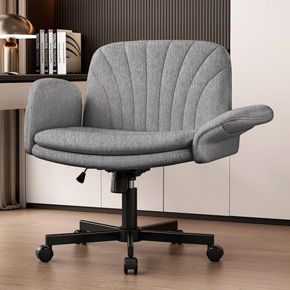 Vonesse Criss Cross Office Chair with Wheels & Armrests, Height Adjustable Vanity Chair, Makeup Chairs with Side Pockets Design, Comfortable Computer Desk Chairs for Home (Linen Fabric,Gray)