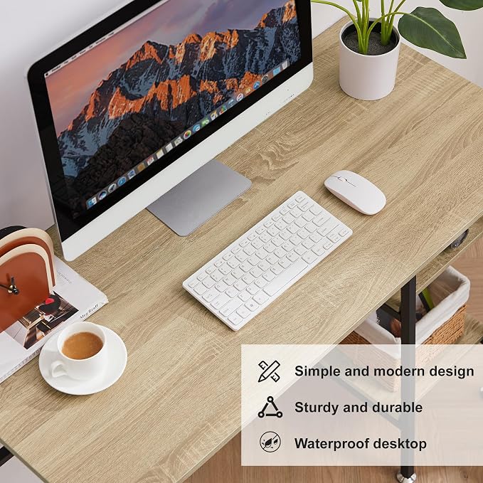 VECELO 43 Inch Computer Home Office Desk, Modern Simple Writing Desk with Storage for Bedroom, Simple Table Modern Student Study Desk,Water Proof, Oak+Black Leg