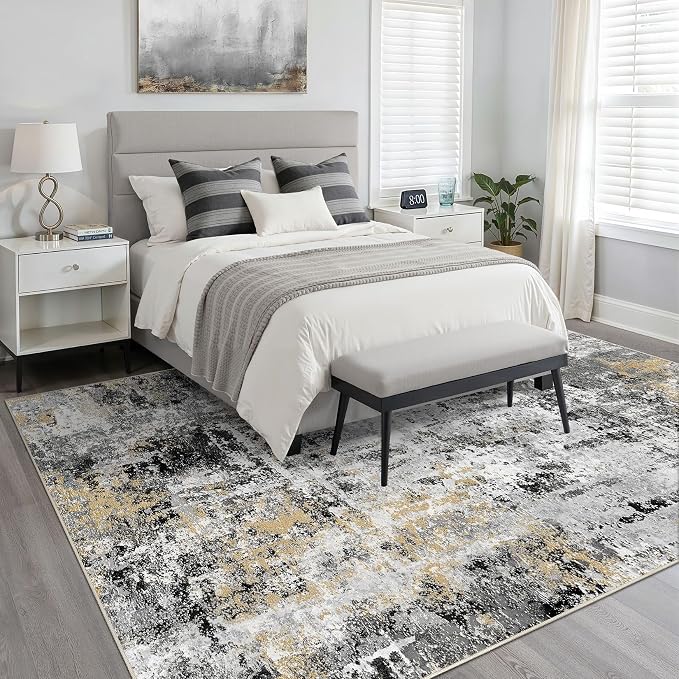 10x12 Area Rug Living Room: Washable Large Abstract Neutral Modern Soft Rug Stain Resistant Indoor Floor Non-Slip Accent Carpet for Bedroom Nursery Playroom Dining Room Office Dorm Home- Black Gold