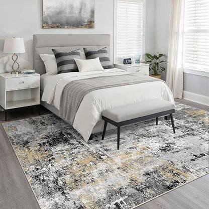 10x12 Area Rug Living Room: Washable Large Abstract Neutral Modern Soft Rug Stain Resistant Indoor Floor Non-Slip Accent Carpet for Bedroom Nursery Playroom Dining Room Office Dorm Home- Black Gold