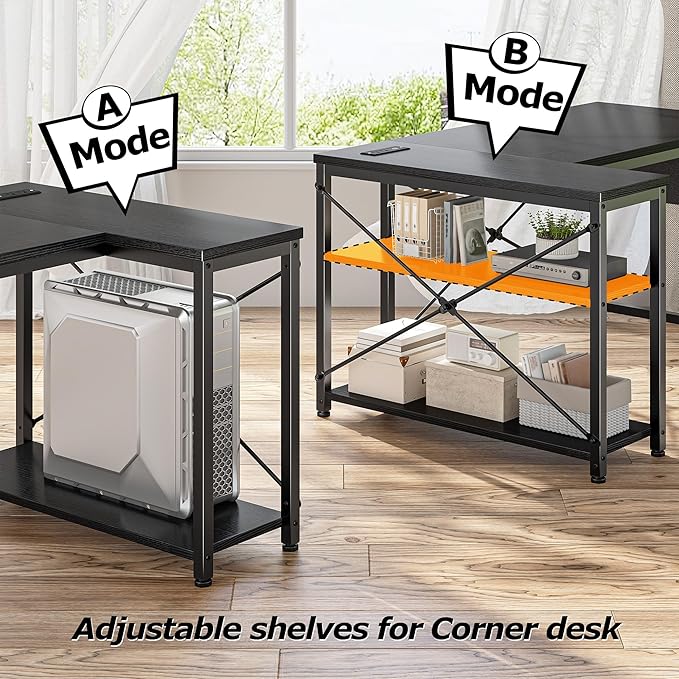 EnHomee Office Desk with Outlet,Power Home Office & Study Electronic Gear | Reliable Power Supply for Study & Electronic Device,Reversible Shelves & Side Bag,Convenience for Small Space, Black