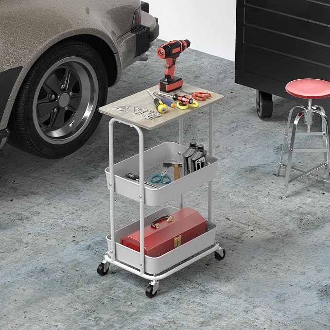 Simple Houseware 2-Tier Rolling Utility Cart with Lockable Wheels and Wood Top, Metal Storage Organizer Trolley for Kitchen, Bathroom, Office, Craft Room, Maple