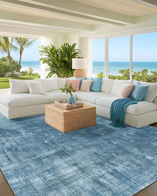 Latte&Fog 8x10 Area Rugs for Living Room, Large Blue Modern Abstract Washable Rug, Boho Non Slip Low Pile Carpet for Indoor Bedroom Dining Room, Office, Dorm, Classroom, Farmhouse and Kids Room - Blue