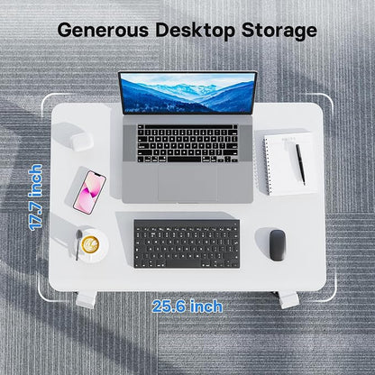 BONTEC Mobile Standing Desk Adjustable Height, Rolling Laptop Cart with Hook, Portable Workstation with Pneumatic Lift, Ergonomic Table with Wheels, Compact Home Office Desk, White 25.6" x 17.7"