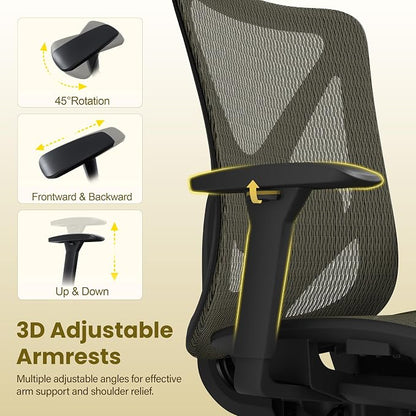 Ergonomic Office Chair, Mesh Computer Desk Chairs with Adjustable Lumbar Support, 3D Armrests, Tilt Function, Comfy Wide Seat, Swivel Executive Work Task Chair for Company and Home