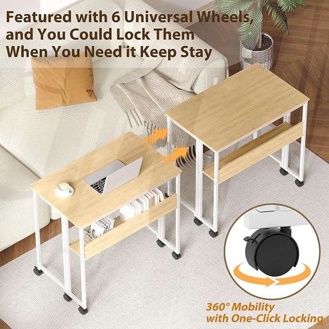 Folding Desk with Storage Shelf, 31.5 Inch Foldable Computer Table with Wheels for Small Spaces,Space Saving Sofa Table for Couch, Rolling Writing Work Office Computer Desk, Easy to Fold,Oak