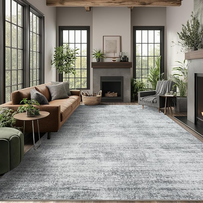 BILEEHOME Gray Extra Large Rugs for Living Room Minimalist Aesthetic Abstract 9x12 Area Rug for Office Playroom Light Grey Low Pile Floor Covering Carpet with Non Slip Washable
