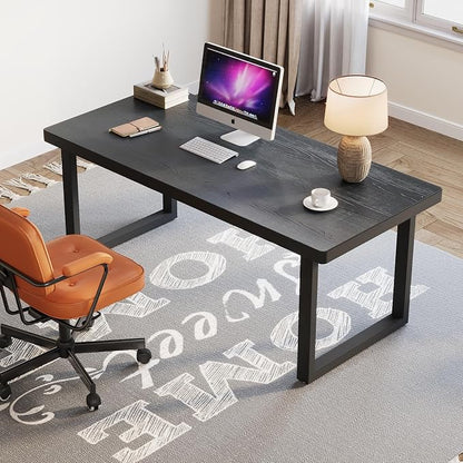 47 Inch Black Solid Wood Computer Desk | Sturdy Metal Base | Modern Home Office Desk | Durable Study Writing Table for Workspace, Multiple