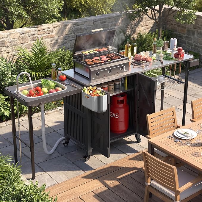 3-in-1 Outdoor Grill Cart with Sink & Faucet, Stainless Steel Top Outdoor Kitchen Island, Prep Table with Foldable Side Table, Storage Cabinet, Rolling Grill Station with Wheels for Patio, Backyard