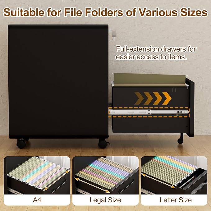 File Cabinet, Mobile Filing Cabinet with Lock, All Steel Structure Printer Stand, Fully Assembled Except Casters, Under Desk Storage for Home Office, 2 Drawers Document Organizer, Black