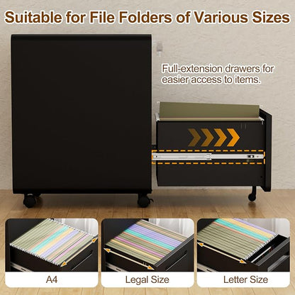 File Cabinet, Mobile Filing Cabinet with Lock, All Steel Structure Printer Stand, Fully Assembled Except Casters, Under Desk Storage for Home Office, 2 Drawers Document Organizer, Black