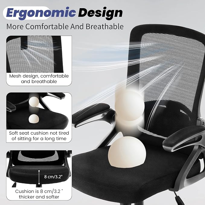 Executive Office Chair with Adjustable Lumbar Support Flip-Up Arms,Black | Executive Mesh Office Chair with Adjustable Lumbar Support, Flip-Up Arms, Thick Foam Seat, Swivel Rolling Chair, 400lbs