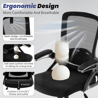 Executive Office Chair with Adjustable Lumbar Support Flip-Up Arms,Black | Executive Mesh Office Chair with Adjustable Lumbar Support, Flip-Up Arms, Thick Foam Seat, Swivel Rolling Chair, 400lbs