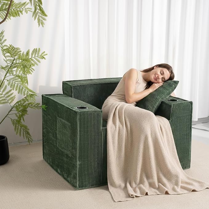 Cloud Single Sofa,Chaise Lounge Chair with Cup Holder & Side Pocket,Elevated Seat Height,No Assembly Required,Boneless Corduroy Chair for Small Space,Bedroom,Office (Green, Single Sofa)