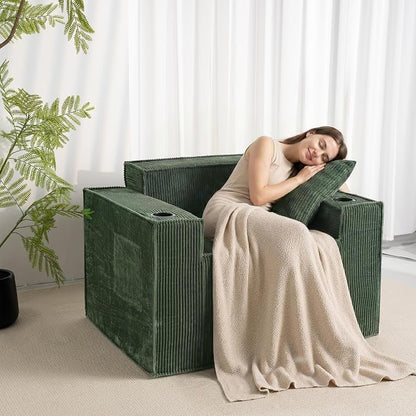 Cloud Single Sofa,Chaise Lounge Chair with Cup Holder & Side Pocket,Elevated Seat Height,No Assembly Required,Boneless Corduroy Chair for Small Space,Bedroom,Office (Green, Single Sofa)