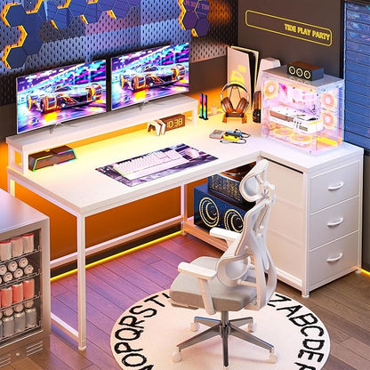 EnHomee 48" Reversible L-Shaped Computer Desk with 40-Mode RGB LED,3AC &1 Type-C Charging Station, 3 Drawers, 35.4''Monitor Riser, White Desk for Gaming, Home Office, Bedroom, Study Room,Vanity, White